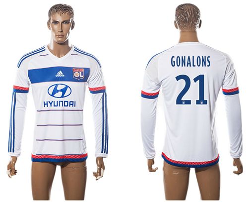 Lyon #21 Gonalons Home Long Sleeves Soccer Club Jersey - Click Image to Close